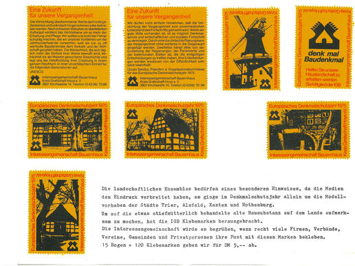 Klebemarken der IgB von 1975 zum „Europäischen Denkmalschutzjahr“ mit Hinweis der Herausgeber zum Inhalt der Marken und deren Verwendung © IgB-Archiv