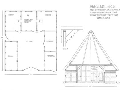 Grundriss und Querschnitt zu Abb. 02. Querschnitt mit Blick auf die Herdwand. © Interessengemeinschaft Bauernhaus, Heinz Riepshoff