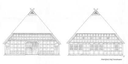 Haus Horstmann in Martfeld von 1802. Zeichnung von Gerhard Eitzen, Original im Bauernhaus-Archiv.