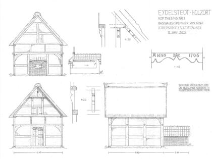 Backhaus-Speicher in Eydelstedt-Holzort Nr. 1 von 1706. Zeichnung von Sandra Leithäuser und Heinz Riepshoff, Original im Bauernhaus-Archiv.
